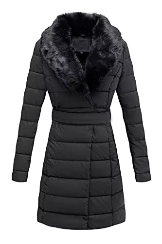 BELLIVERA Mäntel BELLIVERA Damen Faux Lederjacke Winter Warme Übergangsjacke Lang Leicht Steppmantel mit Abnehmbar Pelzkragen