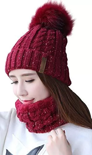 Generic Hüte & Mützen Generic Damen Wintermütze Schal Set,Warm Weichem Innenfutter Strickmütze und Schal mit Fleecefutter,Winter Wärme Beanie Mütze Strickschal Set,Schlauchschal Hüte Mützen mit Kunstpelz Bommel Pom