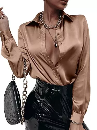 SheIn Langarmblusen SheIn Damen Satin Blusen Hemdbluse Hemd Basic Elegant OL Work Langarm Formelle Hemden Tunika Bluse mit Knöpfen