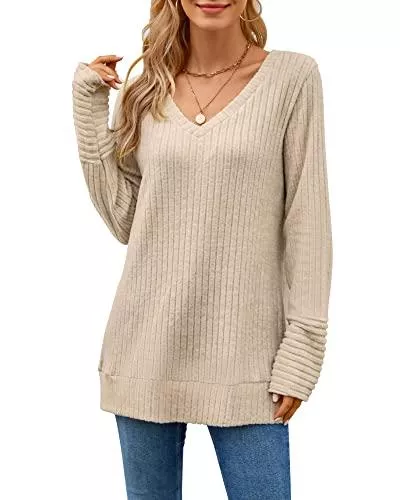 PLOKNRD Pullover & Strickmode PLOKNRD Pullover Damen Winter Casual Langarm Oversize Sweater V-Ausschnitt Lightweight Oberteile