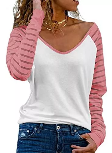 Dokotoo Langarmshirts Dokotoo Damen Oberteile Streifen Mesh Langarmshirt Casual V-Ausschnitt Bluse Shirt Tops S-XXL