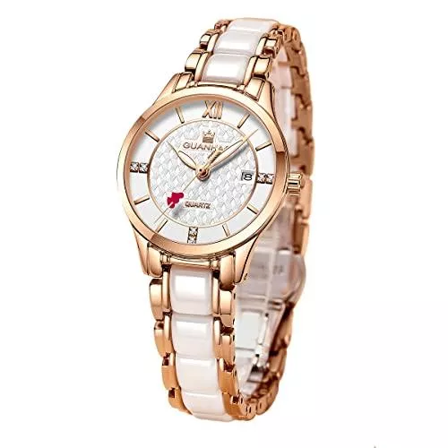 GUANHAO Uhren Damenuhren mit Datumskalender Diamond Damenuhr Keramikarmband Edelstahl wasserdichte Armbanduhr Rosegold Silber