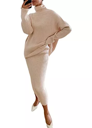 shownicer Freizeit shownicer Damen Strickkleid Zweiteiliger Anzug Pullover Oberteil und Midi Strickrock Bodycon 2 Stück Set Maxikleid Rollkragen Pulloverkleid Winter Strick Kleid