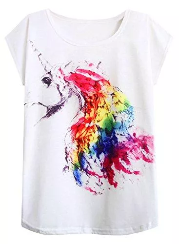 FUTURINO T-Shirts futurino Damen Sommer Bunte Fliege Einhorn Druck Kurzarm T-Shirt Tops