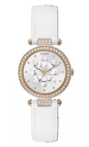 GUESS Uhren GUESS Women's Crystal Glitz 32mm Stainless Steel Quartz Watch with Leather Strap, White, 16 (Model: GW0382L3)