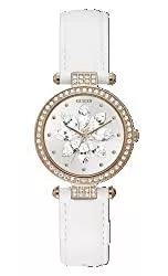 GUESS Uhren GUESS Women's Crystal Glitz 32mm Stainless Steel Quartz Watch with Leather Strap, White, 16 (Model: GW0382L3)