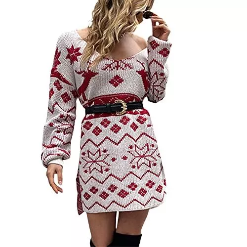 Yassiglia Freizeit Yassiglia Damen Weihnachts Strickkleid Elegante Winterkleid Stricken Pullover Kleid Weihnachtspullover mit Rentier Schneeflocken Weihnachtsbaum Druck Gestrickt Weihnachtskleid