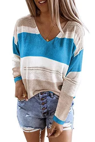 ANCAPELION Pullover & Strickmode Ancapelion Damen Casual V Ausschnitt Strickshirts Tops Lose Gestreifte Pullover Bluse für Frauen Gr.