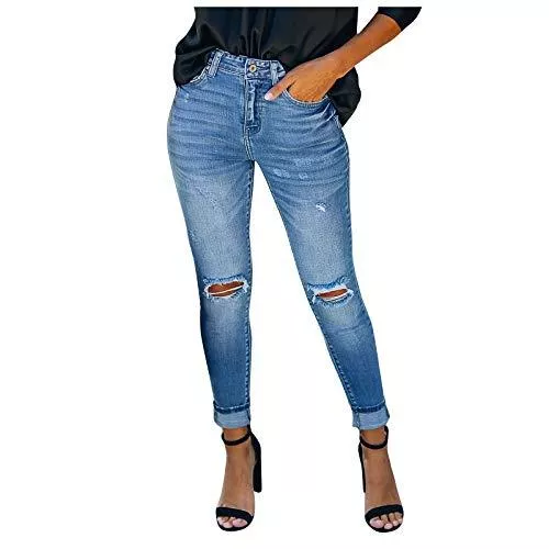 BIKETAFUWY Jeans BIKETAFUWY High Waist Jeanshosen für Damen Jeans Hose mit Löchern Stretch Jeans Hosen Schmale Denim Hosen Knopf Freizeithose Zerrissene Jeans Tasche Jeanshose