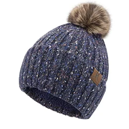 Bequemer Laden Hüte & Mützen Bequemer Laden Damen Winter Warm Beanie Mütze Strickmütze Wintermütze mit Bommel und Fleece Gefütterte