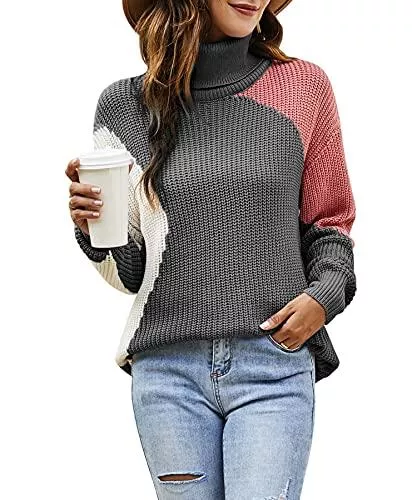 LIOFOER Pullover & Strickmode LIOFOER Damen High Neck Tops Farbblock Pullover Lässige Lose Strickpullover