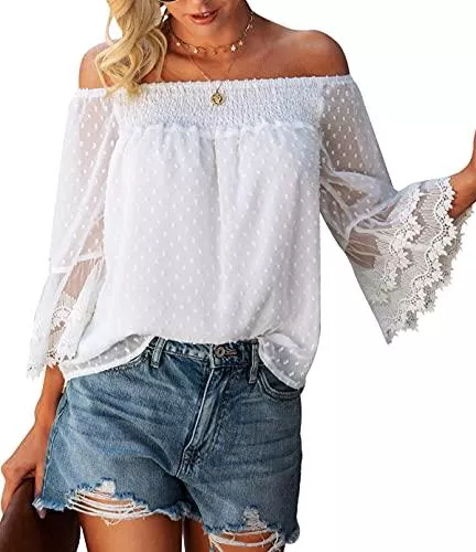 Bequemer Laden Kurzarmblusen Damen Sommer Off Shoulder Oberteile 3/4 Ausgestellte Ärmel Polka Dot Casual Tuniken Bluse T-Shirt