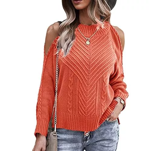 Cerlingwee Pullover & Strickmode Damen Cold Shoulder Pullover Langarm Loose Fit Strickpullover Pullover
