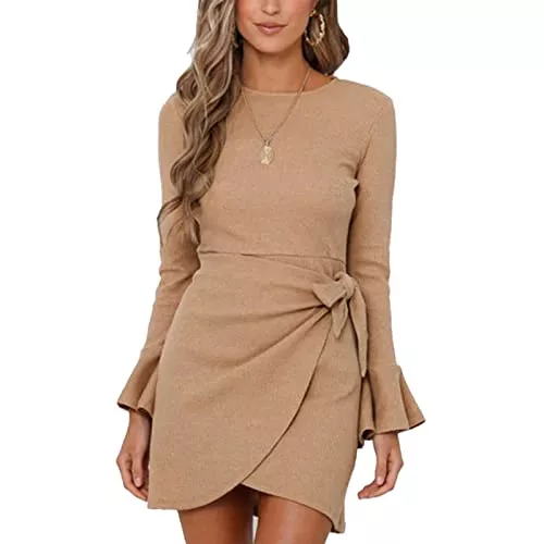 Cocoarm Freizeit Cocoarm Damen Sexy Bodycon Kurzes Kleid Rundhals Rüschen Langarm Hohe Taille Freizeitkleid Elegantes Einfarbig Minikleid Partykleid Wickelkleid Tunikakleid Strandkleid mit Schleife Gürtel