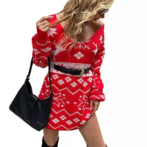Yassiglia Freizeit Yassiglia Damen Weihnachts Strickkleid Elegante Winterkleid Stricken Pullover Kleid Weihnachtspullover mit Rentier Schneeflocken Weihnachtsbaum Druck Gestrickt Weihnachtskleid
