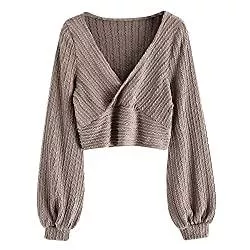 ZAFUL Pullover & Strickmode ZAFUL Damen Pullover Gerippte Cropped-Strickwaren Kordelzug Rüschenstrick Crop Top Solid V-Ausschnitt Langarm T-Shirt