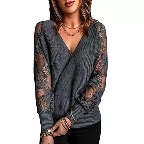 Cerlingwee Pullover & Strickmode Cerlingwee Damen Casual Pullover Herbst Winter V-Ausschnitt Langarm Spitze Einfarbig Elegant Tunika Bluse Damen Maschinenwäsche