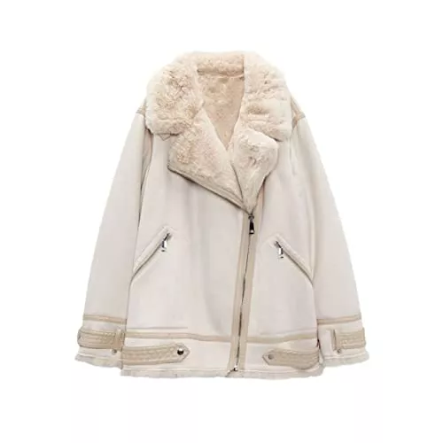 Vogrtcc Mäntel Vogrtcc Dicker, warmer Wintermantel, Kunstlederjacke, Damen, Reißverschluss, lose Motorrad-Outwear