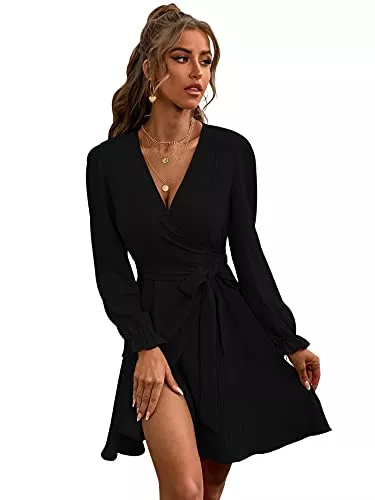 DIDK Freizeit DIDK Damen A Linie Minikleid V-Ausscnitt Langarm Wickelkleid Skaterkleid Volant Ärmel Freizeitkleid Kurz Kleider mit Gürtel