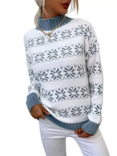 KANDEMY Pullover & Strickmode KANDEMY Damen Weihnachtspullover mit kleinem Stehkragen Christmas Pullover Warm Strickpullover mit Streifen Schneeflocken Winter Pullis für Frauen Oberteile Langarm