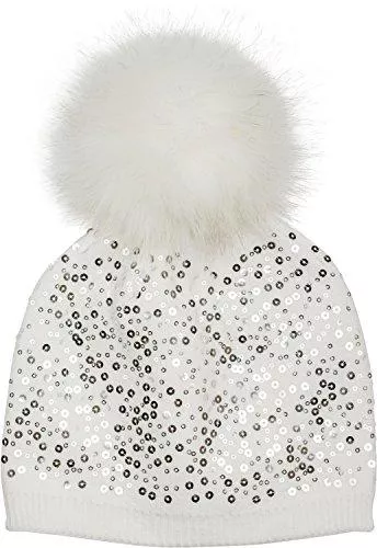 styleBREAKER Hüte & Mützen styleBREAKER Feinstrick Bommelmütze mit Pailletten und abnehmbarem Kunstfell Bommel, Fellbommel Mütze, Damen 04024134