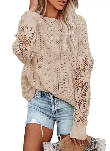 Dokotoo Pullover & Strickmode Dokotoo Pullover Damen Spitze Langarm Strickpullover Pulli Casual Rundhals Lose Oberteile Elegant Herbst Winter Langarmshirt Sweatshirt Tops S-XXL