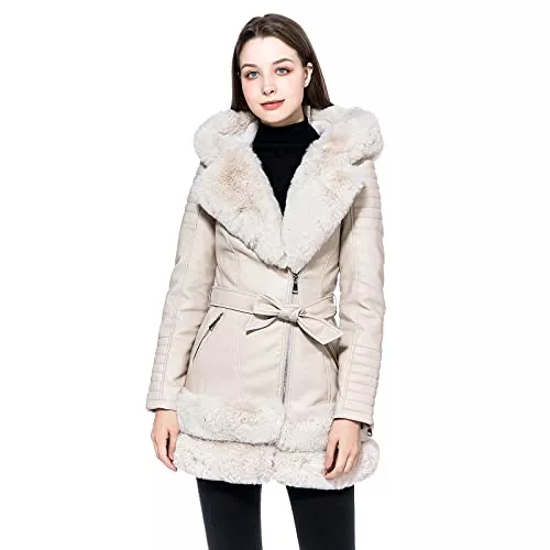 GRAN ORIENTE Mäntel GRAN ORIENTE Damen Kunstlederjacke mit Kunstfellfutter und Kragen Warm Winter Langarm Mantel Reißverschluss Parka mit Gürtel