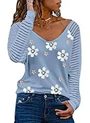 Dokotoo Pullover & Strickmode Dokotoo Damen Oberteile Streifen Mesh Langarmshirt Casual V-Ausschnitt Bluse Shirt Tops S-XXL