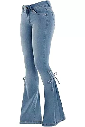 LINUMIN Jeans LINUMIN Damen Schnürung Bell Bottom Denim Pants Mid Waist Stretchy Flare Juniors Jeans Hose Leggings
