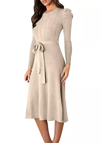TYQQU Freizeit TYQQU Frauen Puffärmel Strickkleid Langes Kleid Mit Hoher Taille Mit Gürtel Elegante Basis Pullover Kleid Für Herbst Frühling