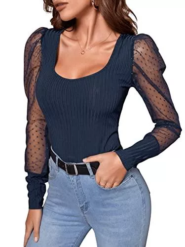 SheIn Langarmshirts SheIn Damen Elegant Oberteil Mesh-Keulenärmel Tops U Ausschnitt Langarmshirt Casual Shirt mit Gigotärmeln