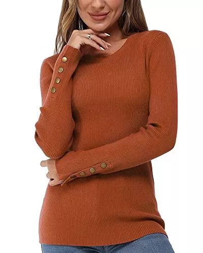 Newshows Pullover & Strickmode Newshows Damen Strickpullover Langarm Gerippter Rundhalsausschnitt Pulli Stretch Weich Pullover Oberteil Mit Knopfleiste