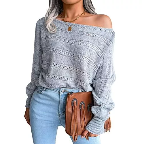 Greensen Pullover & Strickmode Greensen Damen Top Langarm Rundhals Pullover One Shoulder Lässig Locker Modisch Strick Top, One Shoulder Strick Damen Top Langarm Strick Damen Top