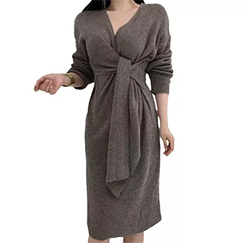 MXJHKIUR Freizeit MXJHKIUR Damen Strickkleid Wickelkleid Taille V-Ausschnitt Mid-Lange Pulloverkleid