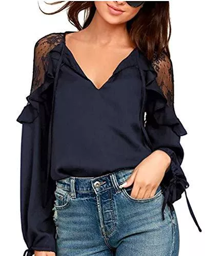 Style Dome Langarmblusen Style Dome Damen Bluse Lange Laterne Ärmel Oberteile Lace Shirt Elegant Loose Longshirt
