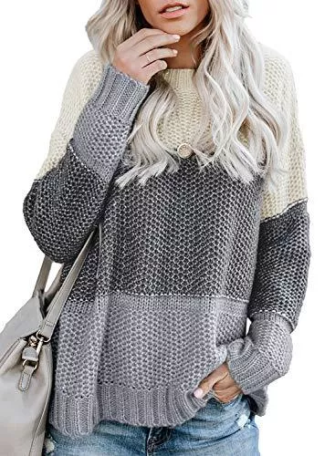 FIYOTE Pullover & Strickmode FIYOTE Pullover Damen Strickpullover Farbblock Pullis Casual Winter Sweater Sweatshirt Winter Bluse Streifenpullover S-XXL
