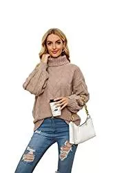 Basicspace Pullover & Strickmode Basicspace Damen 2022 Winter Herbst Solider Rollkragenpullover Stehkragen Lässiger Lockerer Ballon Langarm Strickpullover Zopfmuster Pullover Oberbekleidung