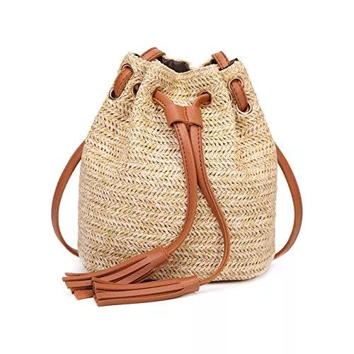 Haodou Taschen & Rucksäcke Haodou Stroh Handtasche Frauen Stroh Strandtasche Rattan Tasche Böhmen Handgefertigt Stroh Crossbody Tasche zum Strand Reise (braun)