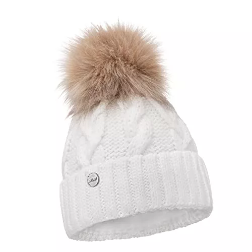 ELIMELI Hüte & Mützen ELIMELI® Winter Mütze Damenmütze mit Fell-Bommel Fleece Innenfutter gefüttert - warme Damen Bommelmütze Strickmütze - Wintermütze mit Kunstfell Bommel - Slouch Strick Beanie Made in EU