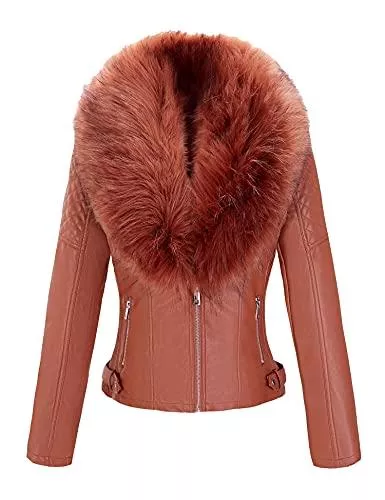 Geschallino Jacken Geschallino Kurzjacke aus Kunstleder für Damen, Motorradjacke mit Kunstpelzkragen