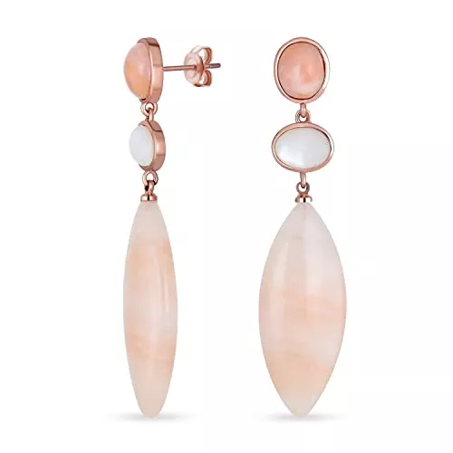 Bling Jewelry Schmuck Einzigartige Boho Geometric Linear Long White MOP Pastell Pink Aventurine Rhombus Oval Form Natürliche Transluzente 3 Multi-Stufen Edelstein Party baumelnde Ohrringe für Frauen in 14K Gelb vergoldet