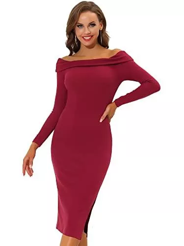 Allegra K Cocktail Allegra K Damen Kleid Langarm Schulterfrei Figurbetont Party Elegant Einfarbig Abendkleid Midikleid
