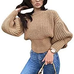 Shownicer Pullover & Strickmode Shownicer Pullover Damen Rollkragenpullover Strickpullover Laternenärmel Lässiges Stricken Pulli Grobstrickpullover Casual Lose Sweater Oberteile