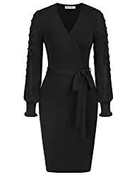GRACE KARIN Business GRACE KARIN Kleid Winter Damen Langarm V-Ausschnitt Strickkleid Pulloverkleid elegant bleistiftkleid CL1360