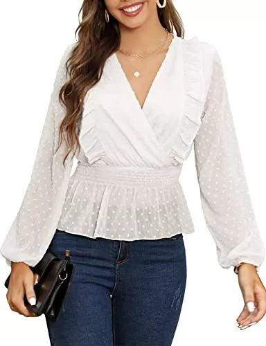 Clearlove Langarmblusen Clearlove Bluse Damen Elegant Langarm Chiffon Bluse Langarmshirts V Ausschnitt Schweizer Punkt Tops