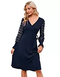 KOJOOIN Freizeit KOJOOIN Damen Kleid Strickkleid Pulloverkleid Elegant A-Line Tunika Kleid V-Ausschnitt Langarm Midikleid mit Gürtel（Verpackung MEHRWEG）