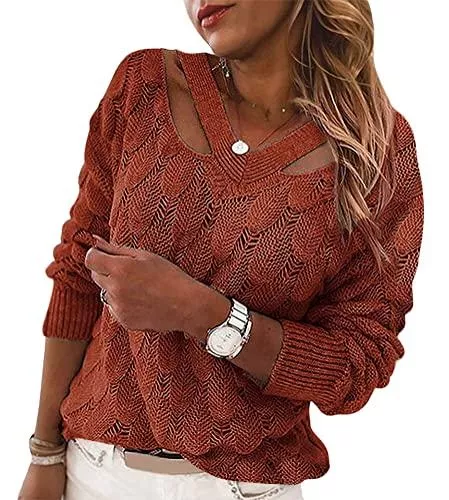 Tomwell Pullover & Strickmode Tomwell Pullover Damen Strickpullover Elegant Feder Hohlpullover Casual V-Ausschnitt Langarm Jumper Lose Pulli Einfarbig Sweater Oberteile Tops Herbst Winter