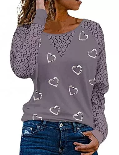 Oiumtty Langarmshirts Oiumtty Damen Langarmshirt Elegant Herz Drucken Bluse Shirts Spitze Langarm Rundhals Basic T-Shirt Oberteile