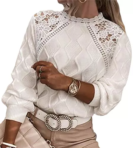 Tomwell Pullover & Strickmode Tomwell Pullover Damen Strickpullover Elegant Feder Hohlpullover Casual V-Ausschnitt Langarm Jumper Lose Pulli Einfarbig Sweater Oberteile Tops Herbst Winter