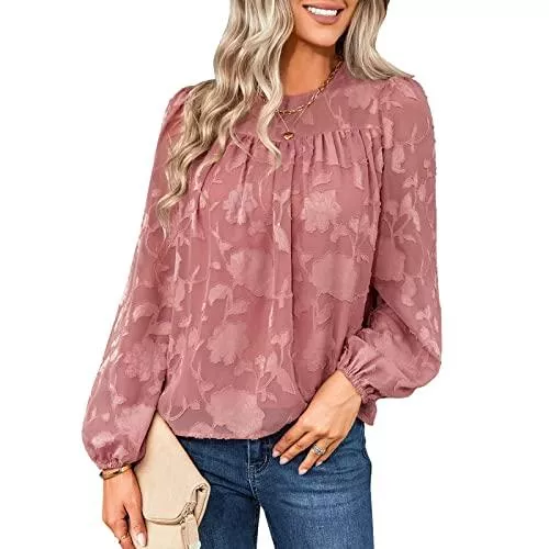 Greensen Langarmblusen Frauen Bluse Top Herbst Rundhals Lose Bluse Elegantes Lockeres Top mit Blumendruck Chiffon Langarm Top Shirt